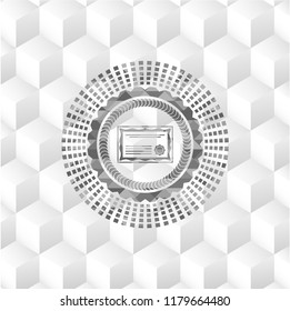certificate icon inside realistic grey emblem with cube white background