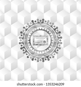 certificate icon inside realistic grey emblem with geometric cube white background