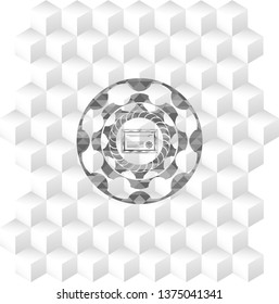 certificate icon inside realistic grey emblem with geometric cube white background