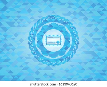 certificate icon inside realistic light blue emblem. Mosaic background