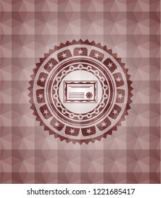certificate icon inside red badge with geometric pattern background. Seamless.
