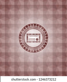 certificate icon inside red emblem or badge with geometric pattern background. Seamless.