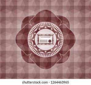 certificate icon inside red emblem or badge with geometric pattern background. Seamless.