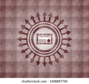 certificate icon inside red emblem or badge with abstract geometric pattern background. Seamless.