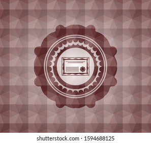 certificate icon inside red emblem or badge with geometric pattern background. Seamless.