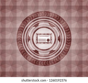 certificate icon inside red geometric pattern emblem. Seamless.