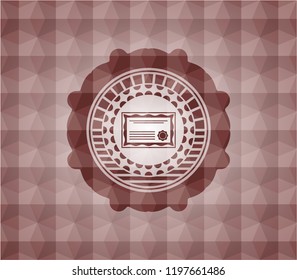 certificate icon inside red seamless emblem with geometric pattern.