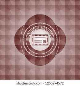 certificate icon inside red seamless emblem or badge with geometric pattern background.