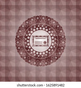 certificate icon inside red seamless badge with geometric pattern background.