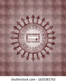 certificate icon inside red seamless emblem with geometric pattern.