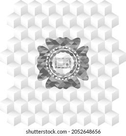 certificate icon inside retro style grey emblem with geometric cube white background. 