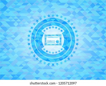 certificate icon inside sky blue emblem with triangle mosaic background