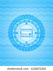 certificate icon inside sky blue water badge background.