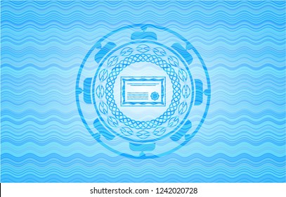 certificate icon inside sky blue water badge background.