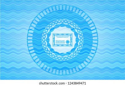 certificate icon inside sky blue water badge background.
