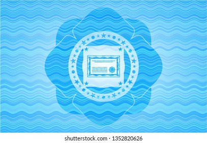 certificate icon inside sky blue water wave style emblem.