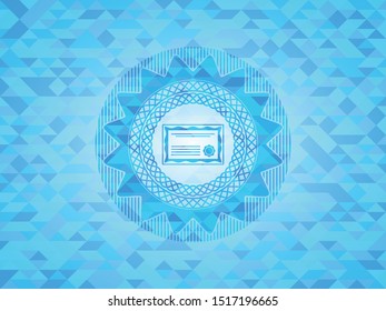 certificate icon inside sky blue emblem with mosaic background