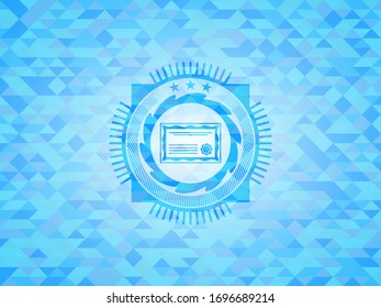 certificate icon inside sky blue emblem with triangle mosaic background