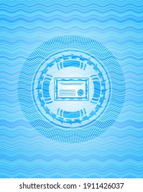 certificate icon inside sky blue water wave style emblem. 