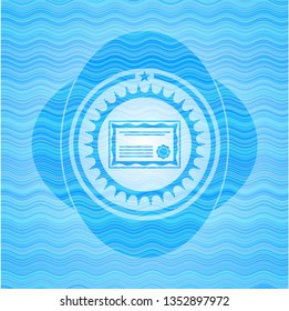 certificate icon inside water concept style badge.