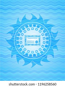 certificate icon inside water wave emblem.