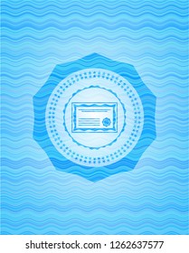 certificate icon inside water wave style emblem.
