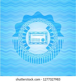 certificate icon inside water wave concept emblem background.