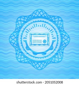 certificate icon inside water wave representation emblem background. 