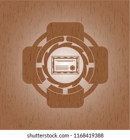 certificate icon inside wooden emblem. Retro