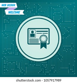 certificate icon on a green background, with arrows in different directions. It appears on the electronic board. Vector illustration