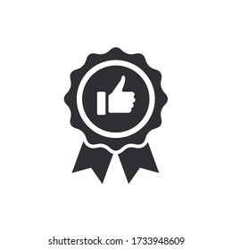 Certificate icon. Premium quality. Achievement badge. Quality mark. Achievement or award grant. Gold seal. Gold medal. Like icon. Hand like. Thumb up. Social media sign. Quality checking. Quality seal