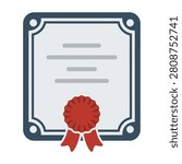 A certificate icon with a red seal and ribbon on a white background, symbolizing achievement and recognition