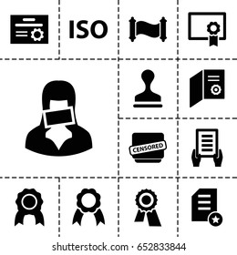 Certificate icon. set of 13 filled certificateicons such as award, holding document, stamp, censored woman, censored, ribbon, iso, diploma, manuscript