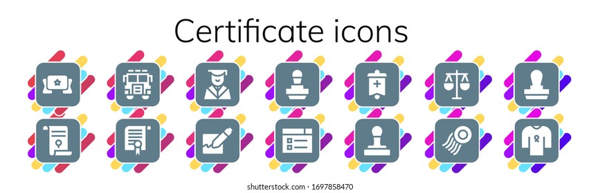 certificate icon set. 14 filled certificate icons.  Simple modern icons such as: Banner, Agreement, Jury, Certificate, Graduation, Signature, Stamp, Learning, Law, Ribbon