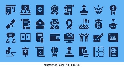 certificate icon set. 32 filled certificate icons. on blue background style Collection Of - Education, Diploma, Agreement, Signature, Learning, Certificate, Banner, Passport, Ribbon