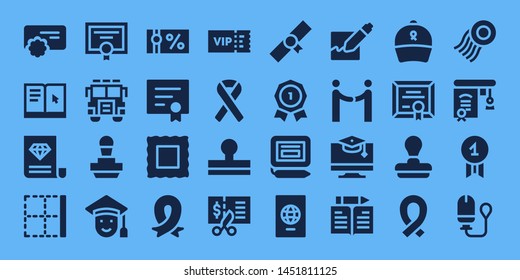 certificate icon set. 32 filled certificate icons. on blue background style Collection Of - Reward, Learning, Certificate, Border, Diploma, Jury, Stamp, Graduated, Gift voucher