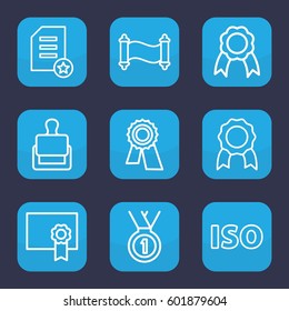 certificate icon. Set of 9 outline certificate icons such as stamp, award, ribbon, ISO, diploma, manuscript