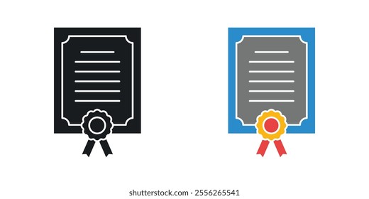 Certificate icon set in black and colored versions.
