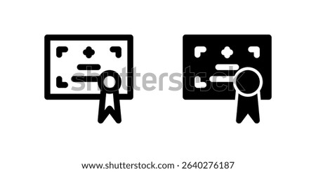 Certificate Icon Set. A black glyph and outline icon of a certificate, representing achievement or certification.