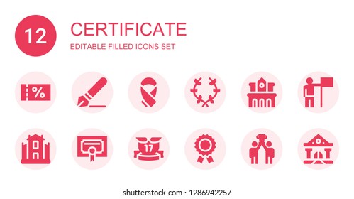 certificate icon set. Collection of 12 filled certificate icons included Voucher, Signature, Ribbon, Laurel, University, Certificate, Ribbons, Prize, Success, College