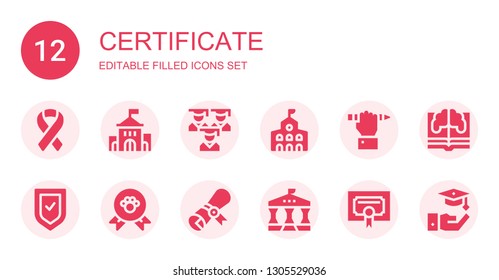 certificate icon set. Collection of 12 filled certificate icons included Ribbon, University, Graduation, College, Education, Verified, Winner, Diploma, Certificate, Learning