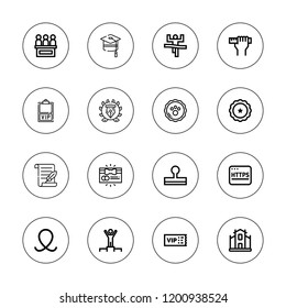 Certificate icon set. collection of 16 outline certificate icons with badge, design skills, gift card, jury, graduate, https, papyrus, ribbon, stamp, will, university icons.