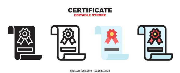 Certificate icon set with different styles. Colored vector icons designed in filled, outline, flat, glyph and line colored. Editable stroke style can be used for web, mobile, ui and more.