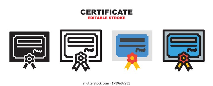 Certificate icon set with different styles. Colored vector icons designed in filled, outline, flat, glyph and line colored. Editable stroke and pixel perfect. Can be used for web, mobile, ui and more.
