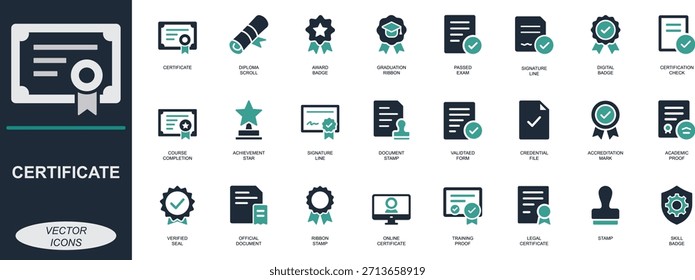 Ícone do certificado definido. Apresentando diploma, crachá, carimbo, verificado, realização, treinamento e símbolos de aprovação. Perfeito para interface do usuário, aplicativos, e-learning e documentos.