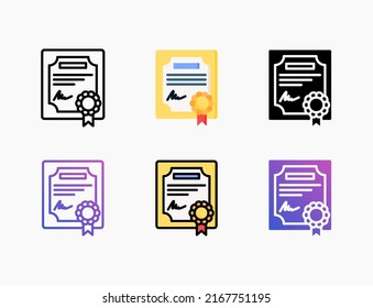 Certificate icon set with line, outline, flat, filled, glyph, color, gradient. Editable stroke and pixel perfect. Can be used for digital product, presentation, print design and more.