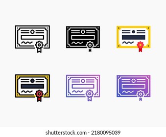 Certificate icon set with line, outline, flat, filled, glyph, color, gradient. Editable stroke and pixel perfect. Can be used for digital product, presentation, print design and more.