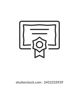 Certificate icon. Simple depiction of a certificate with a ribbon, symbolizing academic achievement, completion of a course. Ideal for educational, professional platforms. Vector illustration