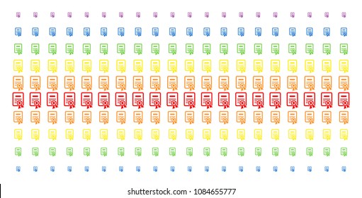 Certificate icon spectrum halftone pattern. Vector symbols organized into halftone array with vertical spectrum gradient. Designed for backgrounds, covers, templates and abstraction compositions.