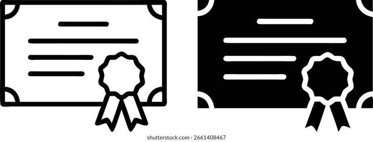 Vector de icono de certificado, símbolo de premio de diploma blanco negro, ilustración de insignia de documento de logro